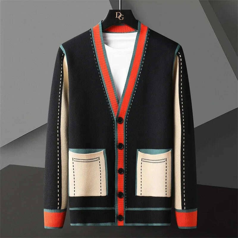 High Quality Contrasting Colors Line Decoration Knitting Cardigan Man Long Sleeve Slim Fit Sweater Cardigan Male Garment Coat, Black / EU XS 52-60kg T0, KIMLUD Women's Clothes