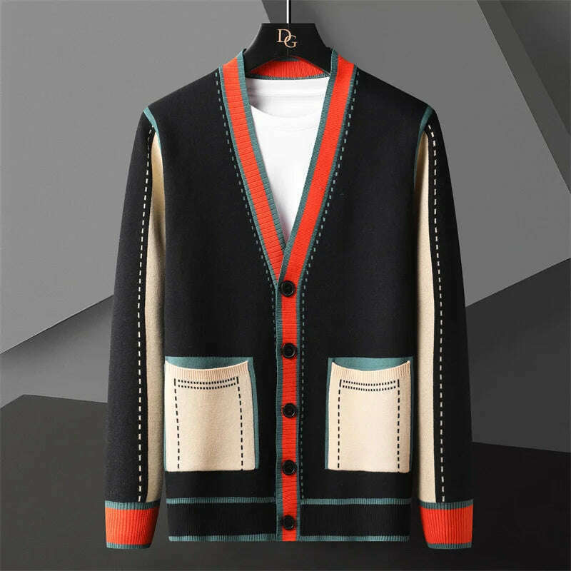 High Quality Contrasting Colors Line Decoration Knitting Cardigan Man Long Sleeve Slim Fit Sweater Cardigan Male Garment Coat - KIMLUD