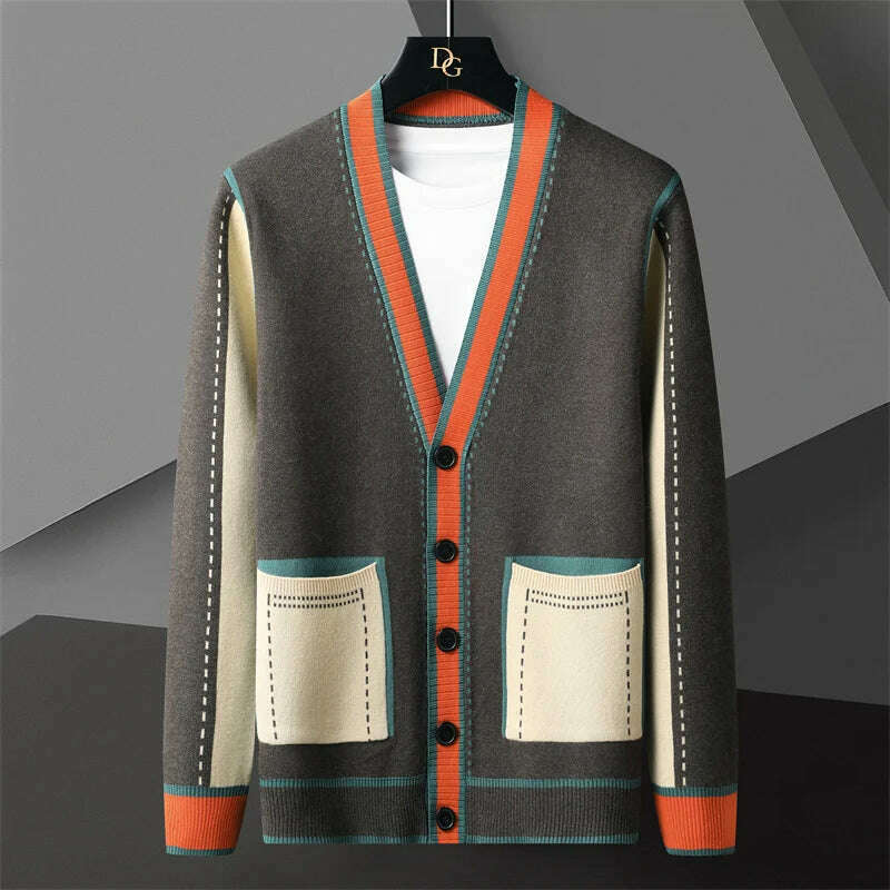 KIMLUD, High Quality Contrasting Colors Line Decoration Knitting Cardigan Man Long Sleeve Slim Fit Sweater Cardigan Male Garment Coat, Gray / EU XS 52-60kg T0, KIMLUD Women's Clothes