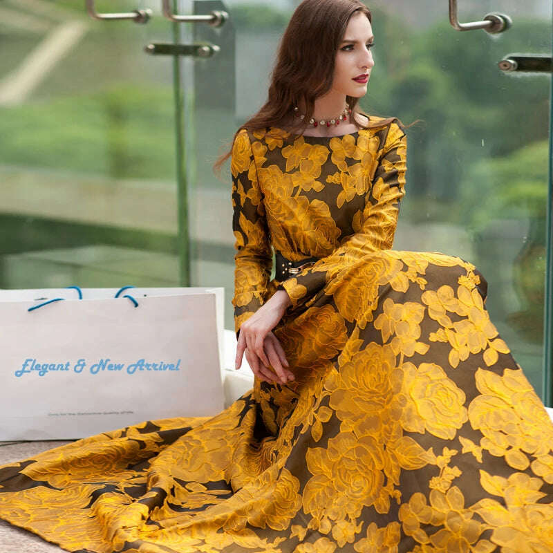 KIMLUD, High Quality Elegant Women Floral Long Sleeves Long Maxi Dress Party Gorgeou flower Boho Jacquard Vintage Dress Fall, no waist belt / S, KIMLUD APPAREL - Womens Clothes