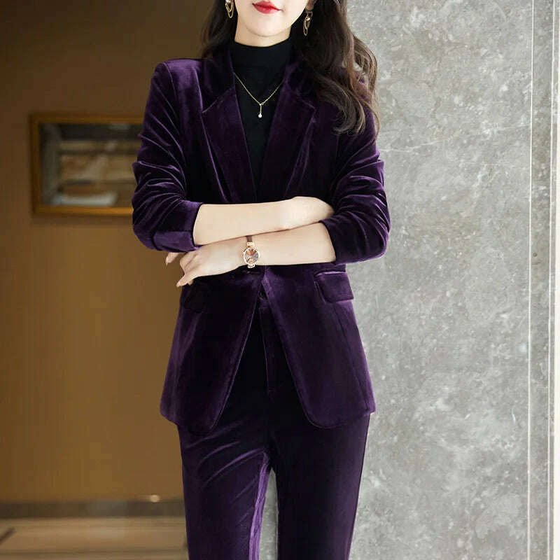 KIMLUD, High Quality Fabric Velvet Formal Women Business Suits OL Styles Professional Pantsuits Office Work Wear Autumn Winter Blazers, KIMLUD Womens Clothes