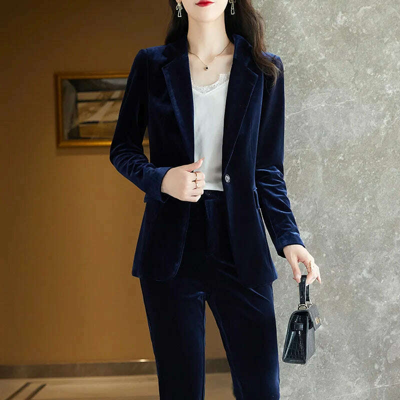 KIMLUD, High Quality Fabric Velvet Formal Women Business Suits OL Styles Professional Pantsuits Office Work Wear Autumn Winter Blazers, KIMLUD Womens Clothes