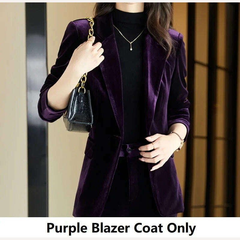 KIMLUD, High Quality Fabric Velvet Formal Women Business Suits OL Styles Professional Pantsuits Office Work Wear Autumn Winter Blazers, Purple Blazer Coat / S, KIMLUD Women's Clothes
