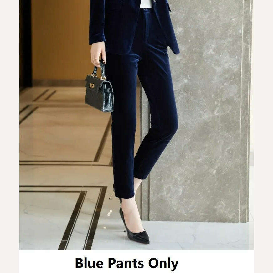 KIMLUD, High Quality Fabric Velvet Formal Women Business Suits OL Styles Professional Pantsuits Office Work Wear Autumn Winter Blazers, Blue Pants Only / S, KIMLUD Women's Clothes