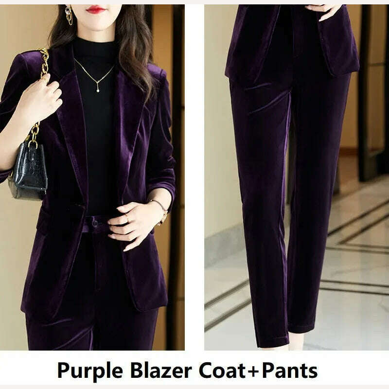KIMLUD, High Quality Fabric Velvet Formal Women Business Suits OL Styles Professional Pantsuits Office Work Wear Autumn Winter Blazers, Purple Pantsuits / S, KIMLUD Women's Clothes