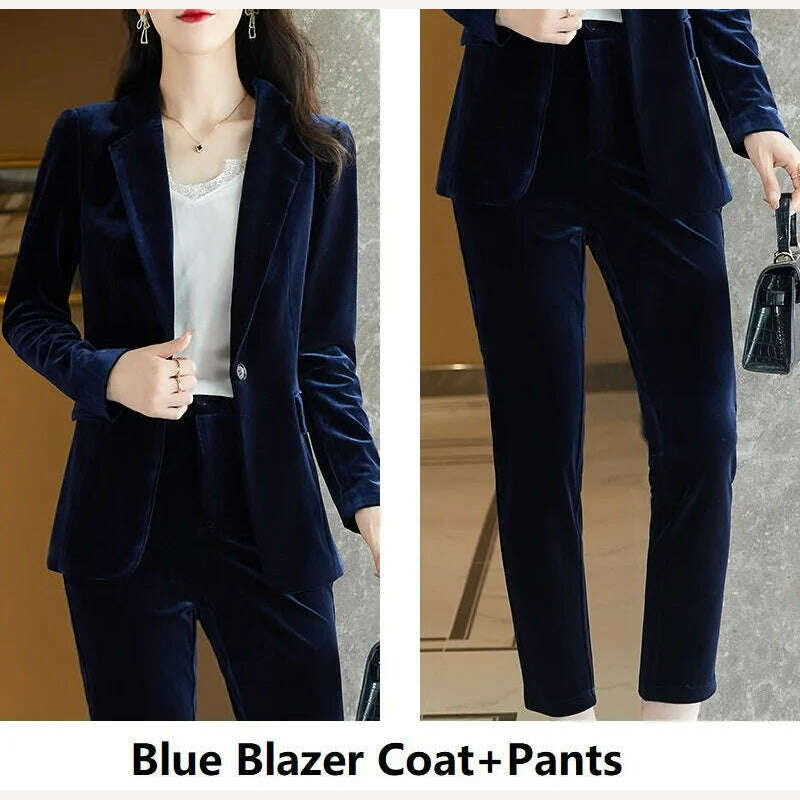 KIMLUD, High Quality Fabric Velvet Formal Women Business Suits OL Styles Professional Pantsuits Office Work Wear Autumn Winter Blazers, Blue Pantsuits / S, KIMLUD Women's Clothes