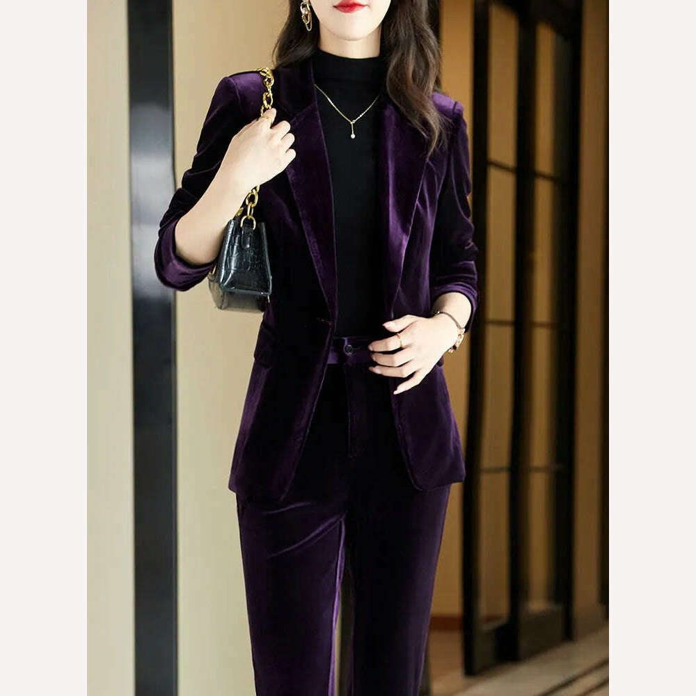 KIMLUD, High Quality Fabric Velvet Formal Women Business Suits OL Styles Professional Pantsuits Office Work Wear Autumn Winter Blazers, KIMLUD Women's Clothes
