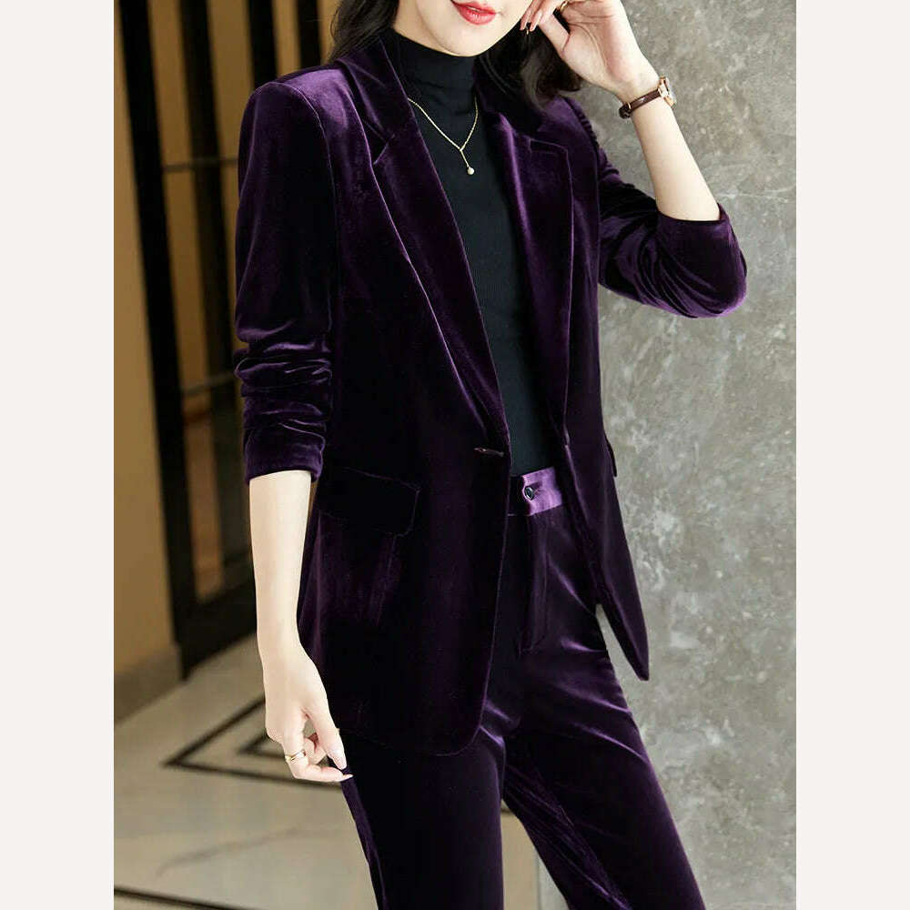 KIMLUD, High Quality Fabric Velvet Formal Women Business Suits OL Styles Professional Pantsuits Office Work Wear Autumn Winter Blazers, KIMLUD Womens Clothes