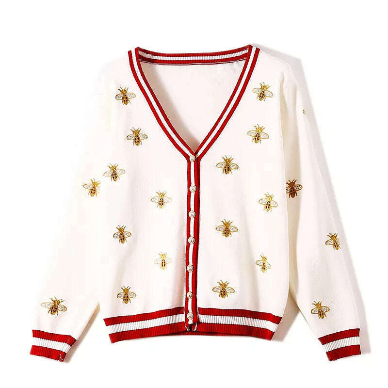 KIMLUD, High Quality Fashion Designer Bee Embroidery Cardigan Long Sleeve Single Breasted Contrast Color Button Knitted Sweaters C-068, KIMLUD Women's Clothes