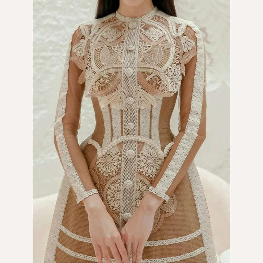 KIMLUD, High-Quality Fashion Luxury Design Runway Dress Women's Mesh Long Sleeve Elegant Vintage Lace Patchwork Dresses Vestidos, KIMLUD Womens Clothes