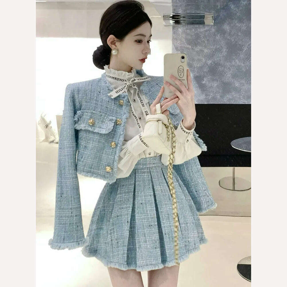 KIMLUD, High Quality Fashion Tassel Design Small Fragrance 2 Piece Sets Women Outfit Long Sleeve Short Jacket Coat + Pleated Skirt Suits, Blue / S, KIMLUD Women's Clothes