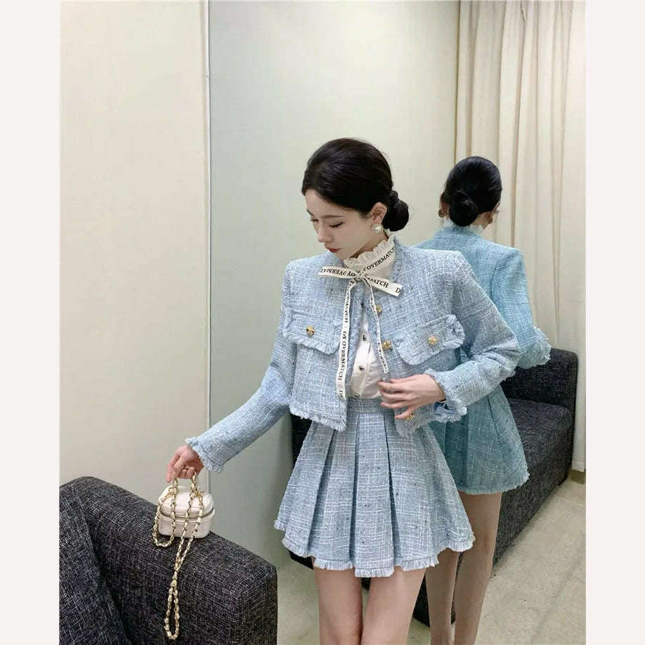 KIMLUD, High Quality Fashion Tassel Design Small Fragrance 2 Piece Sets Women Outfit Long Sleeve Short Jacket Coat + Pleated Skirt Suits, KIMLUD Women's Clothes