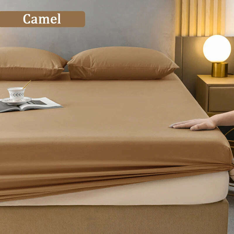 KIMLUD, High Quality Fitted Sheet Single Double King Queen Size Mattress Cover With Elastic Band Bed Sheet 90/120/150/180 Fit Sheet, Camel / only 2pc pillowcases, KIMLUD APPAREL - Womens Clothes