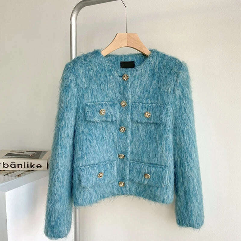 KIMLUD, High Quality Luxury Blue Woolen Jacket Coat 2023 New Autumn Winter Women O Neck Single Breasted Thick Warm Short Outwear Fashion, SKY BLUE / S / CHINA, KIMLUD Women's Clothes