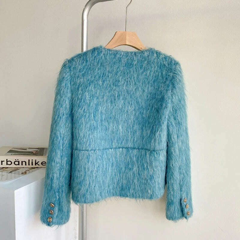 KIMLUD, High Quality Luxury Blue Woolen Jacket Coat 2023 New Autumn Winter Women O Neck Single Breasted Thick Warm Short Outwear Fashion, KIMLUD Women's Clothes