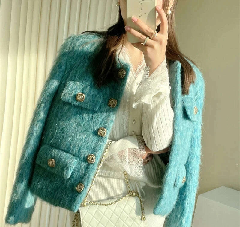 KIMLUD, High Quality Luxury Blue Woolen Jacket Coat 2023 New Autumn Winter Women O Neck Single Breasted Thick Warm Short Outwear Fashion, KIMLUD Womens Clothes