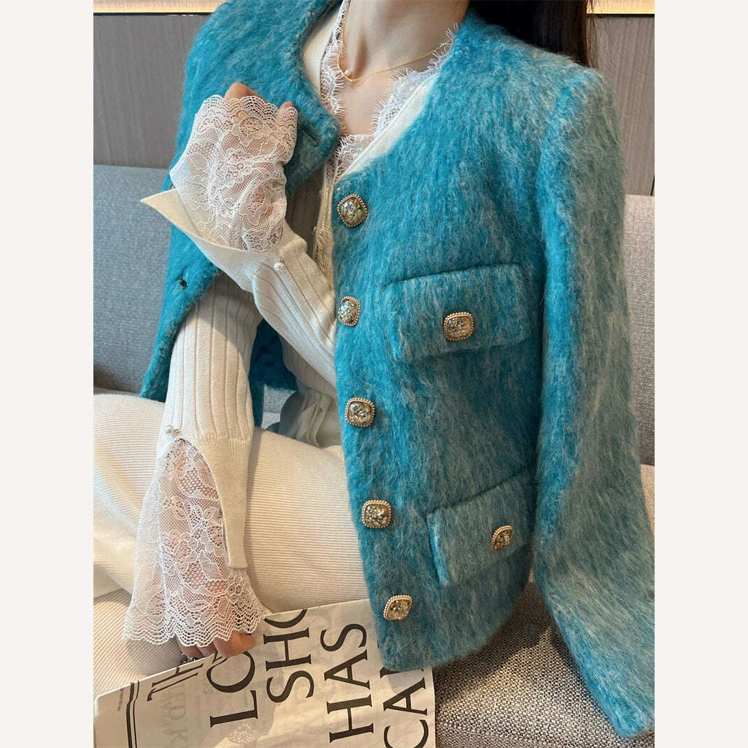 KIMLUD, High Quality Luxury Blue Woolen Jacket Coat 2023 New Autumn Winter Women O Neck Single Breasted Thick Warm Short Outwear Fashion, KIMLUD Women's Clothes