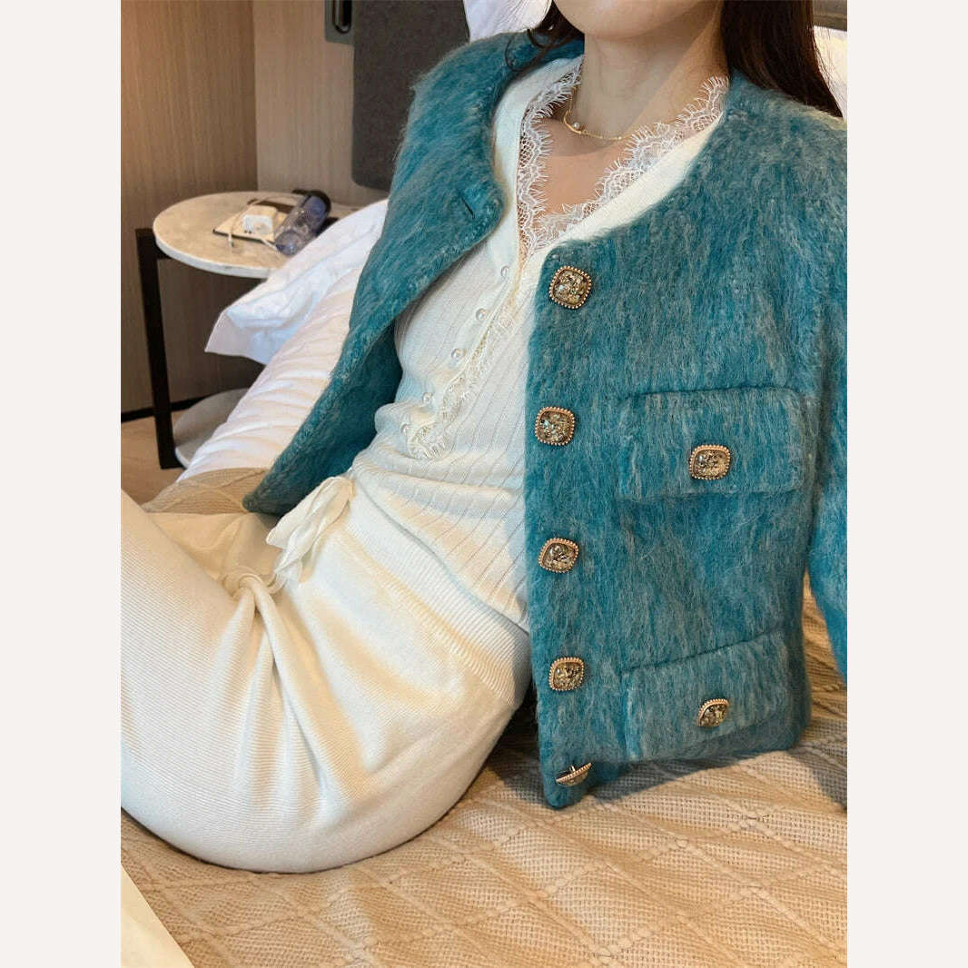 KIMLUD, High Quality Luxury Blue Woolen Jacket Coat 2023 New Autumn Winter Women O Neck Single Breasted Thick Warm Short Outwear Fashion, KIMLUD Womens Clothes