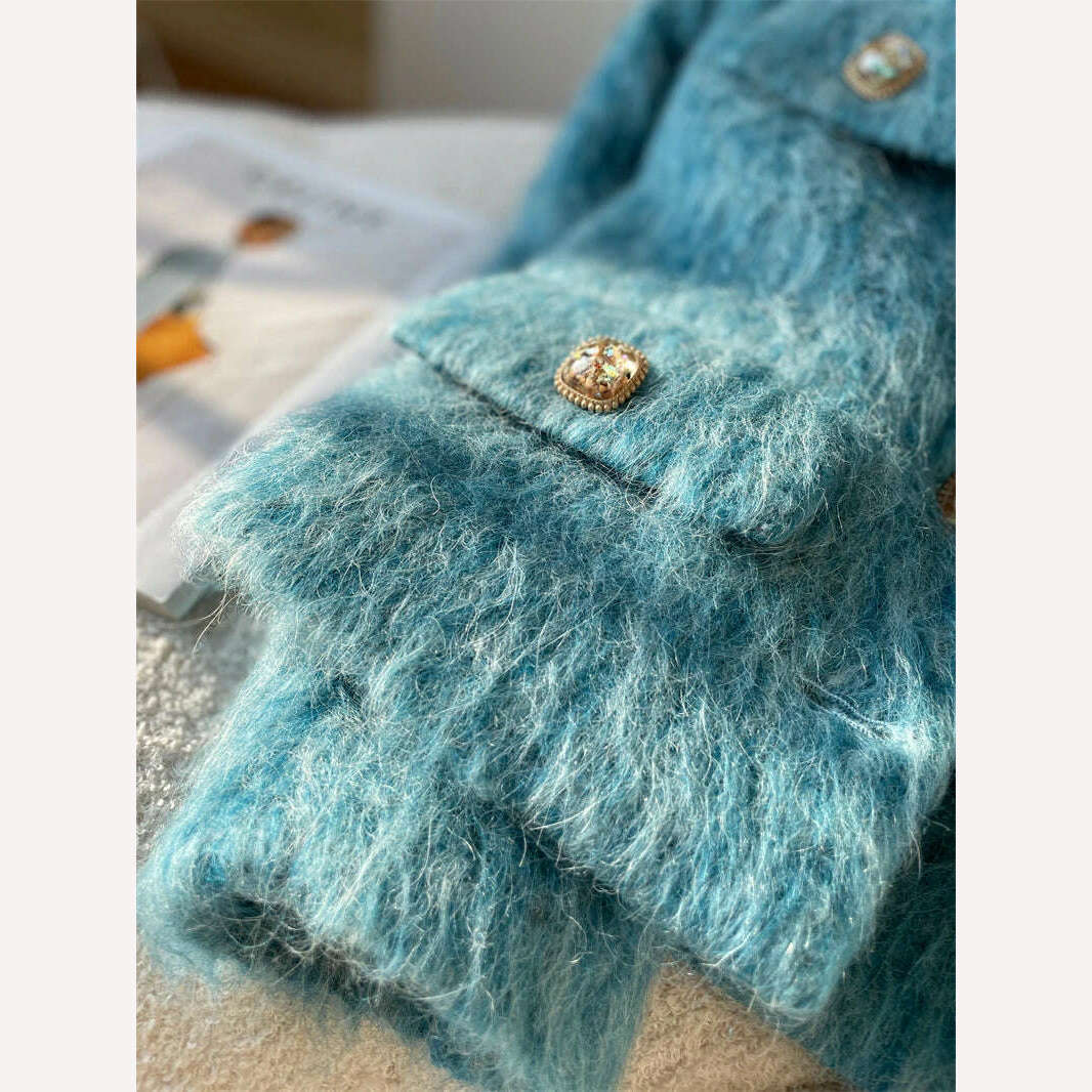 KIMLUD, High Quality Luxury Blue Woolen Jacket Coat 2023 New Autumn Winter Women O Neck Single Breasted Thick Warm Short Outwear Fashion, KIMLUD Womens Clothes