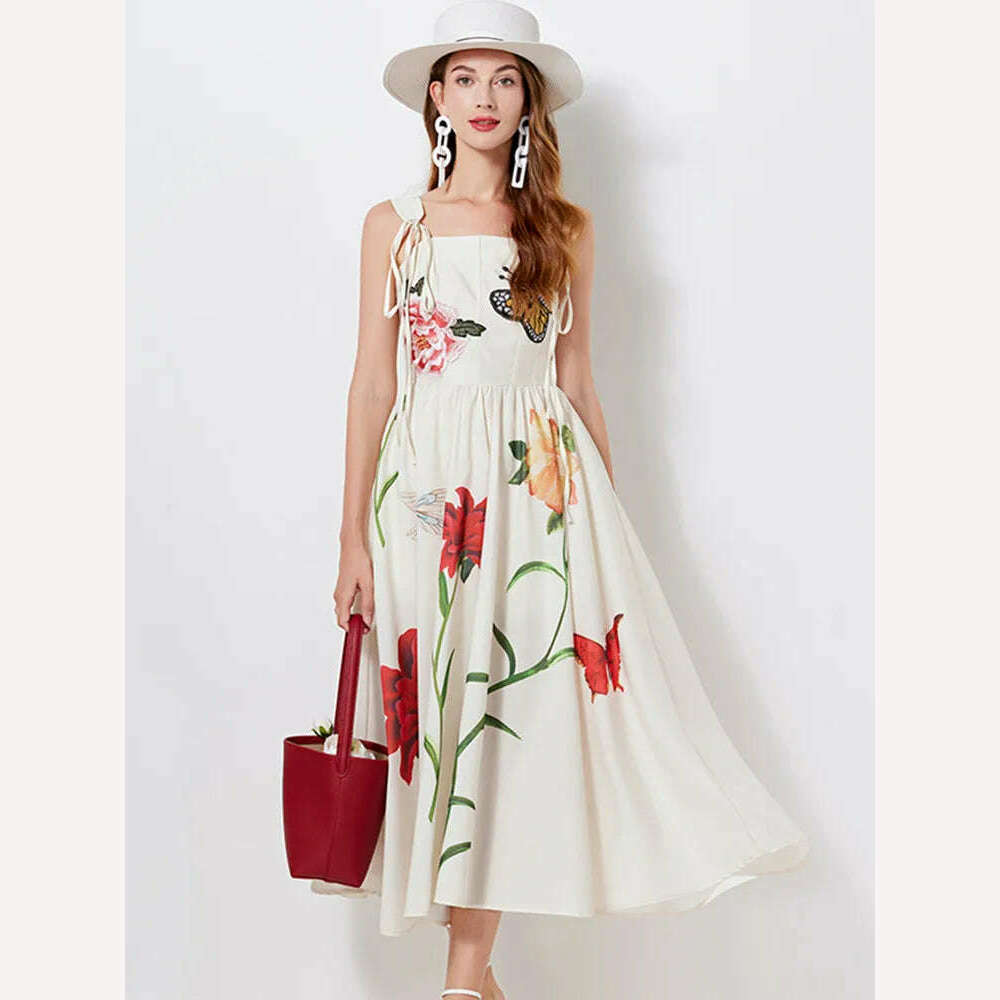 High Quality Luxury Design Lace Up Butterfly Flower Embroidery Dress Women Print Spaghetti Strap Slim High Waist Long Dresses - KIMLUD