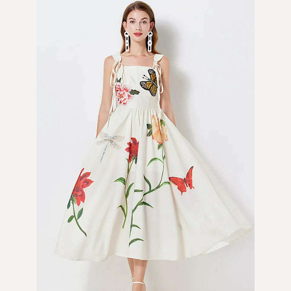 KIMLUD, High Quality Luxury Design Lace Up Butterfly Flower Embroidery Dress Women Print Spaghetti Strap Slim High Waist Long Dresses, KIMLUD Women's Clothes