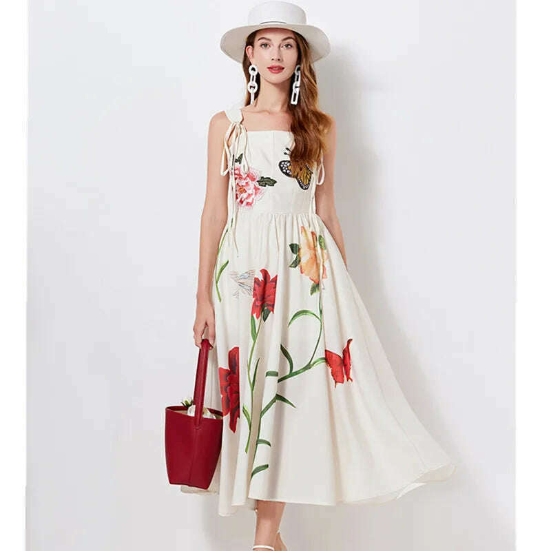 KIMLUD, High Quality Luxury Design Lace Up Butterfly Flower Embroidery Dress Women Print Spaghetti Strap Slim High Waist Long Dresses, Photo Color / S, KIMLUD Womens Clothes
