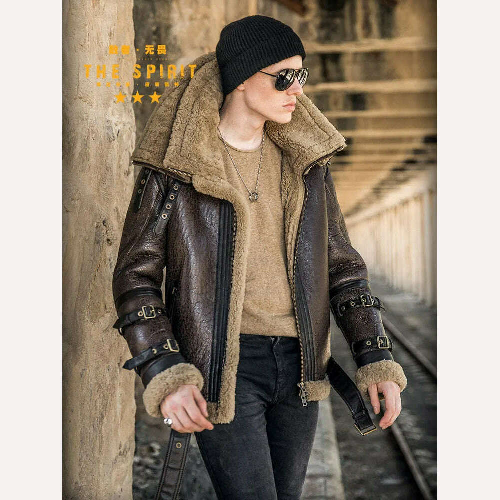 High Quality Men Genuine Leather Coat Natural Shearing Sheepskin Jacket for Male Wool Liner Double Layer Collar Motor Pilot 7XL, KIMLUD Women's Clothes