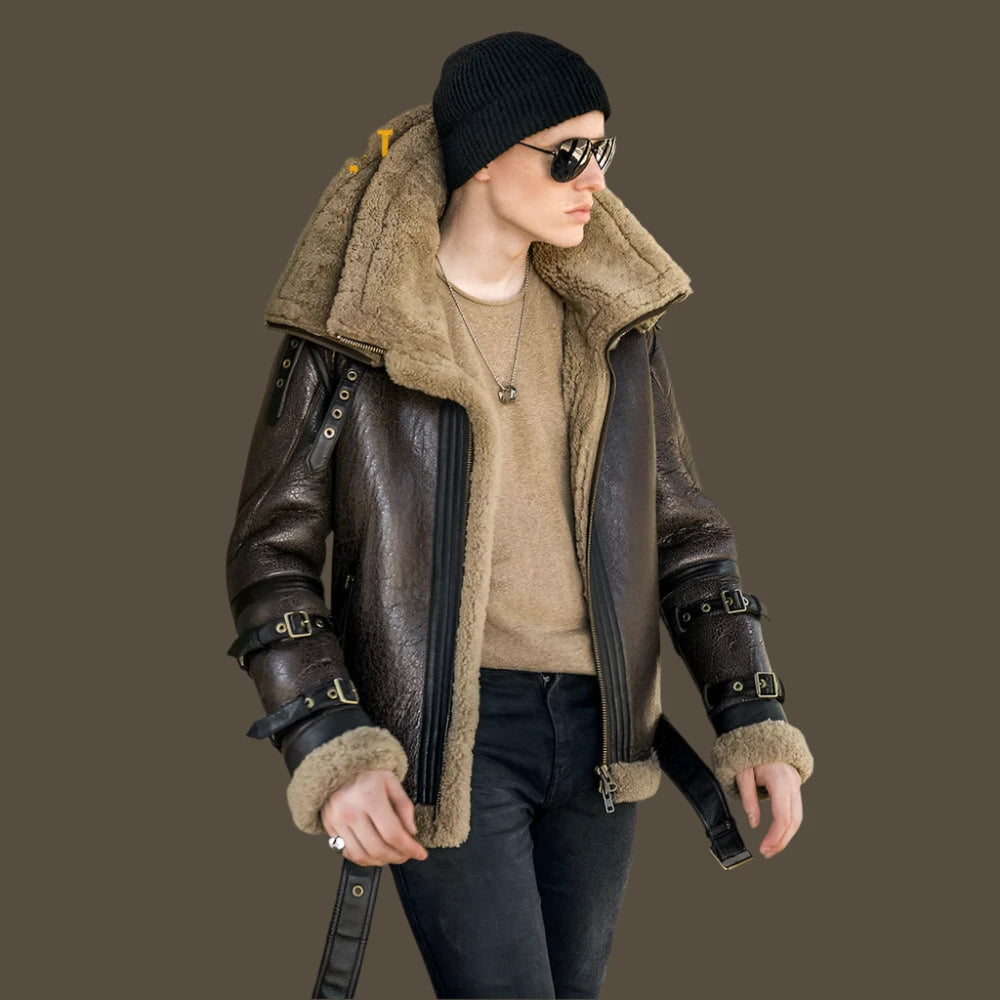 High Quality Men Genuine Leather Coat Natural Shearing Sheepskin Jacket for Male Wool Liner Double Layer Collar Motor Pilot 7XL - KIMLUD