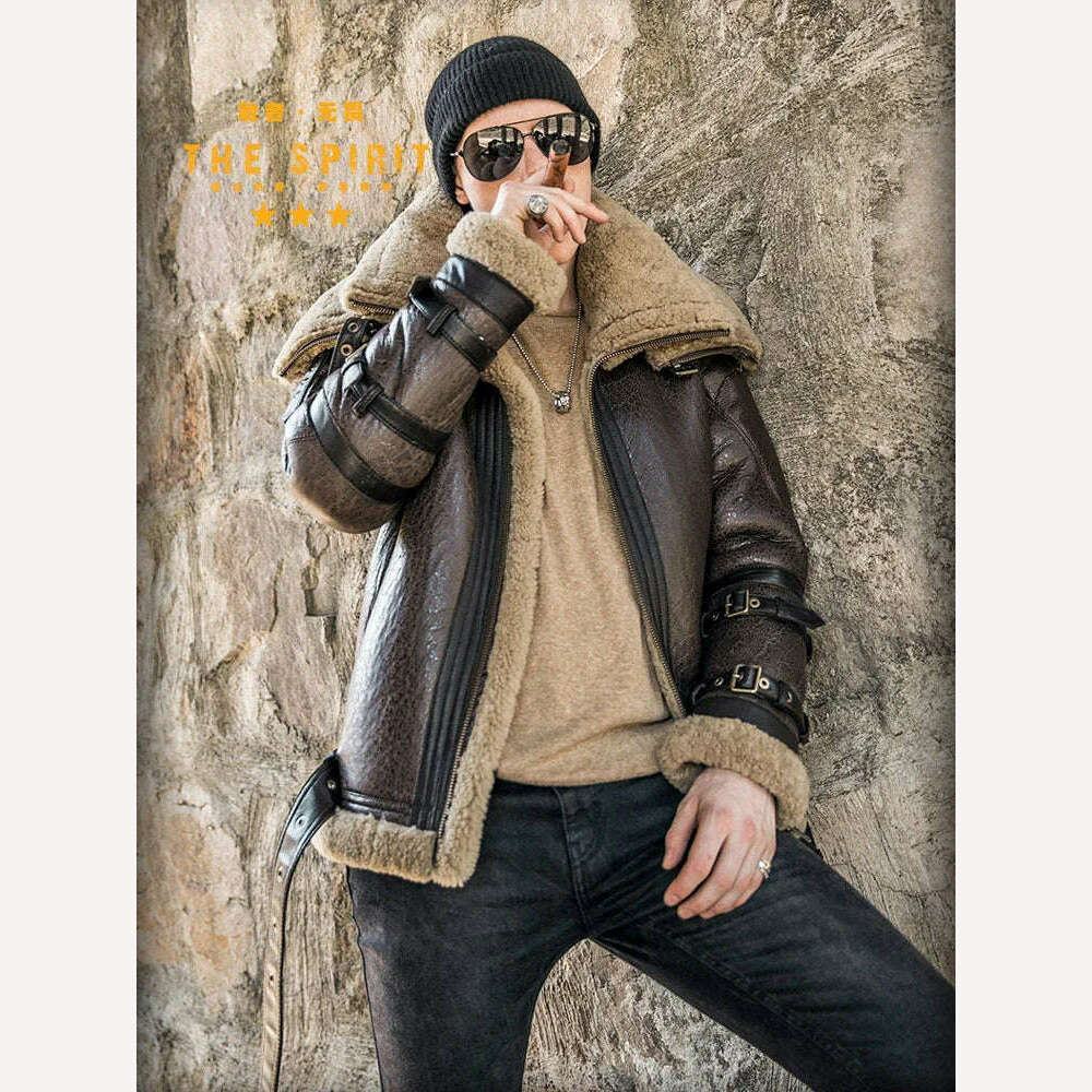 KIMLUD, High Quality Men Genuine Leather Coat Natural Shearing Sheepskin Jacket for Male Wool Liner Double Layer Collar Motor Pilot 7XL, KIMLUD Womens Clothes