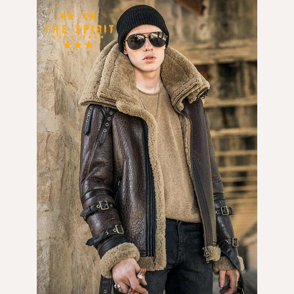 KIMLUD, High Quality Men Genuine Leather Coat Natural Shearing Sheepskin Jacket for Male Wool Liner Double Layer Collar Motor Pilot 7XL, KIMLUD Women's Clothes