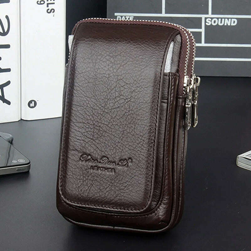 KIMLUD, High Quality Men Genuine Leather Waist Pack Bag Coin Cigarette Purse Pocket Pouch Belt Bum Cell/Mobile Phone Case Fanny Bags, Vertical Coffee S, KIMLUD Women's Clothes