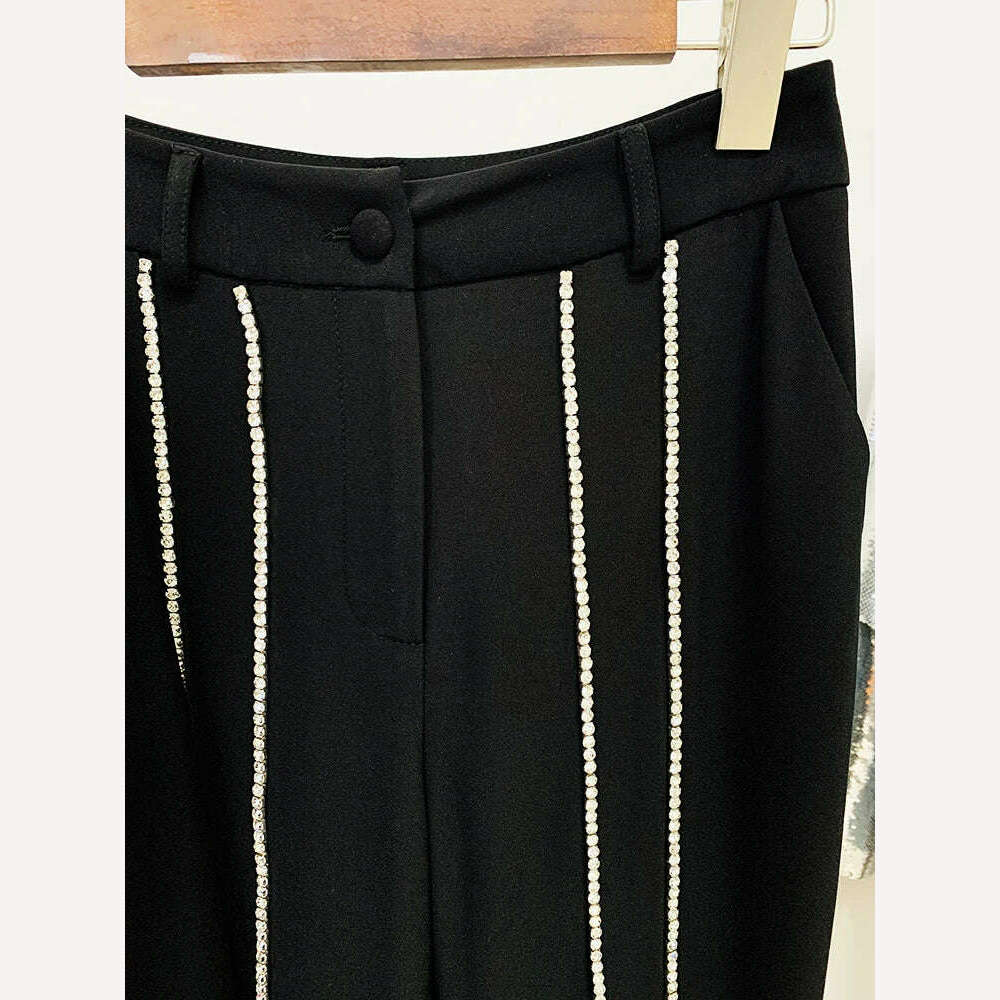 KIMLUD, HIGH QUALITY New Fashion 2023 Designer Suit Set Women's Single Button Hollow Out Diamonds Beaded Blazer Flare Pants Set, KIMLUD Womens Clothes