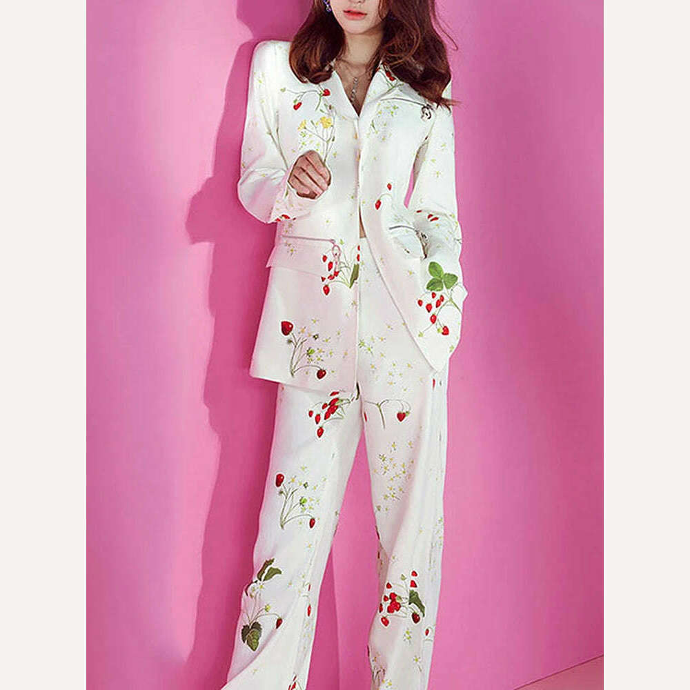 KIMLUD, HIGH QUALITY Newest 2024 Designer Runway Suit Set Women's Single Button Strawberry Floral Printed Blazer Pants Suit 2pcs, KIMLUD Womens Clothes