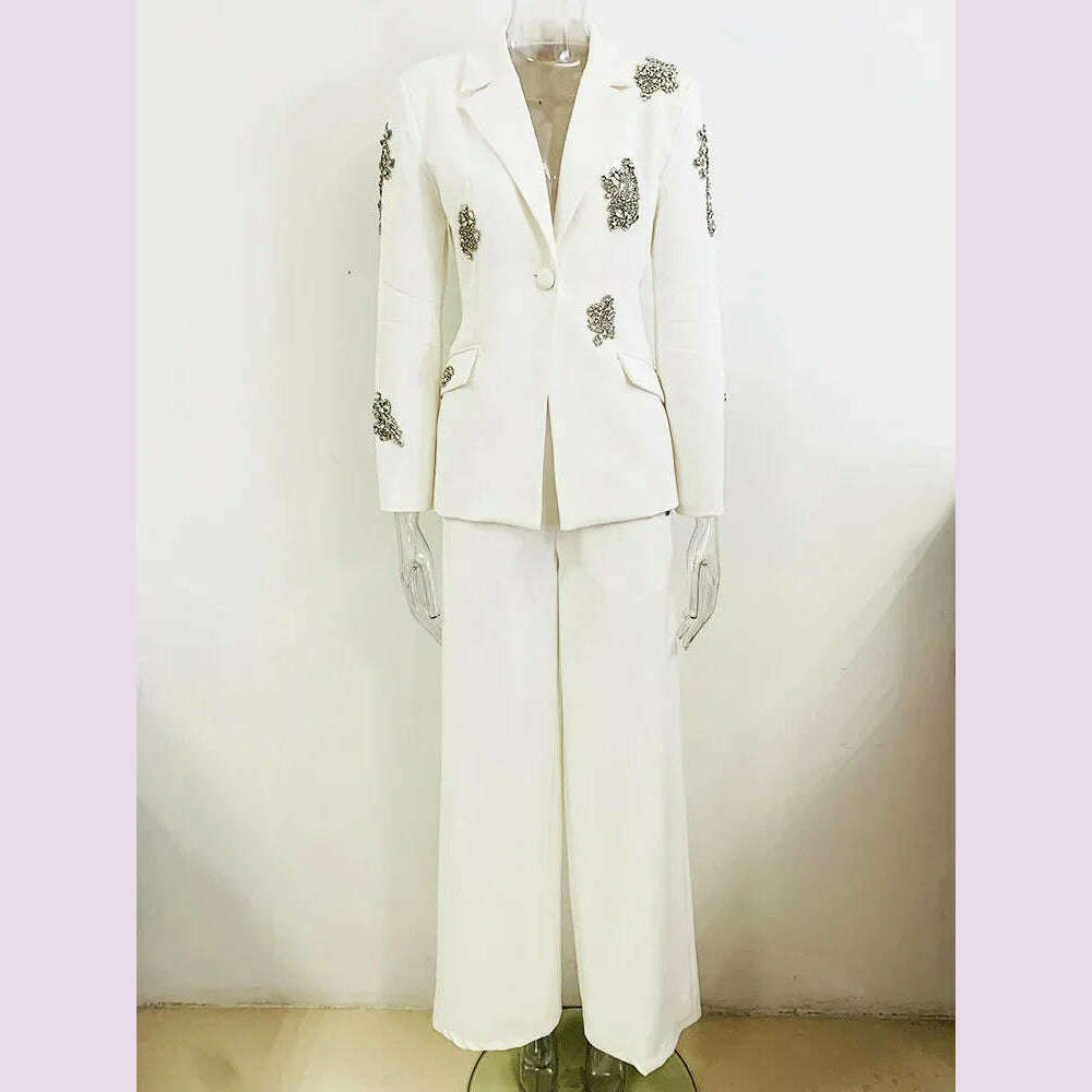 KIMLUD, HIGH QUALITY Newest 2024 Designer Suit Women  Beaded Diamonds Single Button Suit Blazer Wide-leg Pants Set 2PCS, KIMLUD Womens Clothes