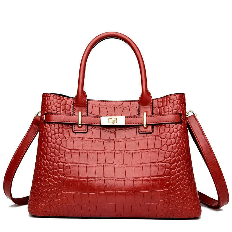 KIMLUD, High Quality Soft Leather Shoulder Crossbody Bags For Women Luxury Designer Handbag Brand Stylish Crocodile Print Vintage Bag, Red, KIMLUD Women's Clothes