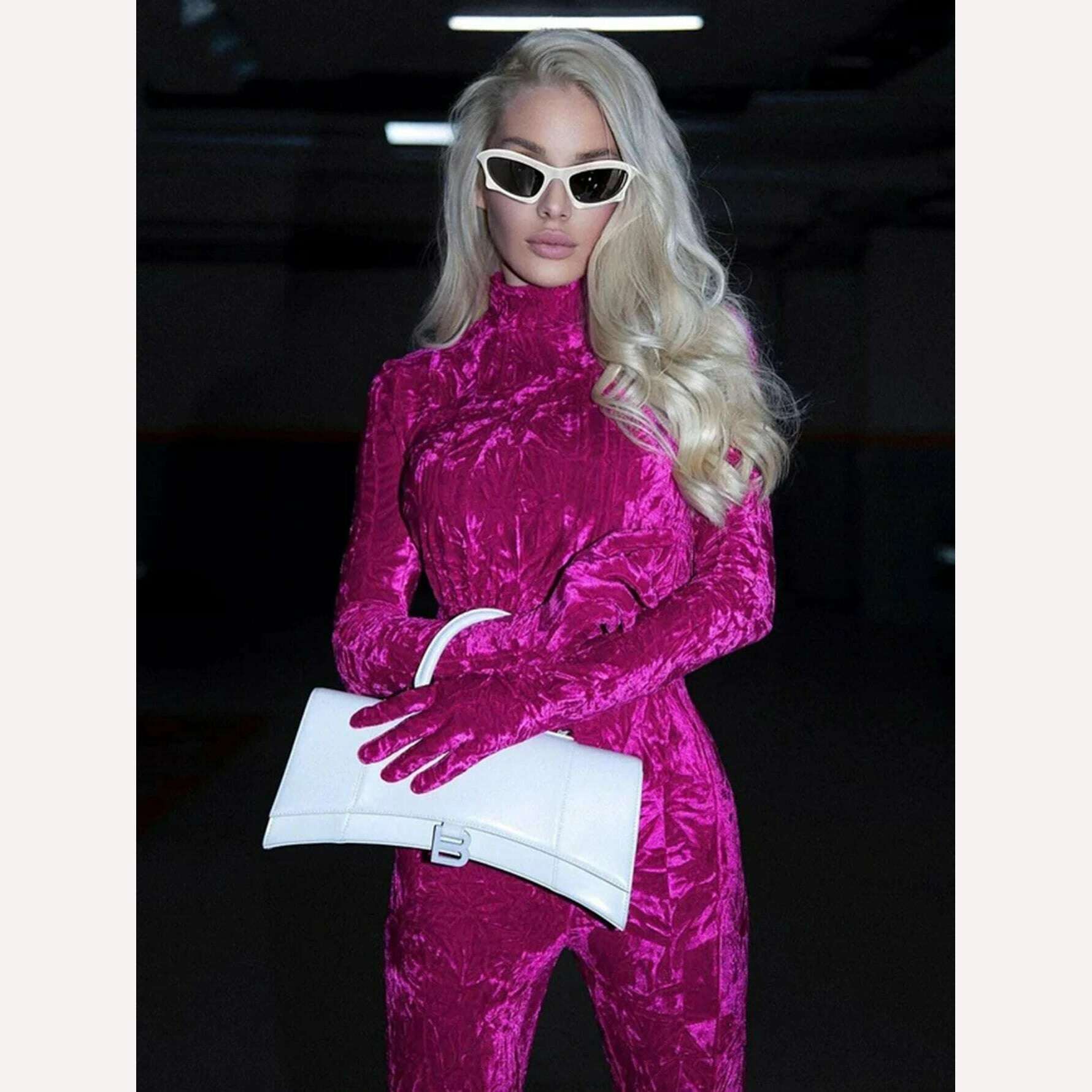 High Quality Summer Sexy O Neck Long Sleeves Connected Gloves Pleated Velvet Bodycon Jumpsuit 2022 Women Fashion Party Jumpsuit - KIMLUD
