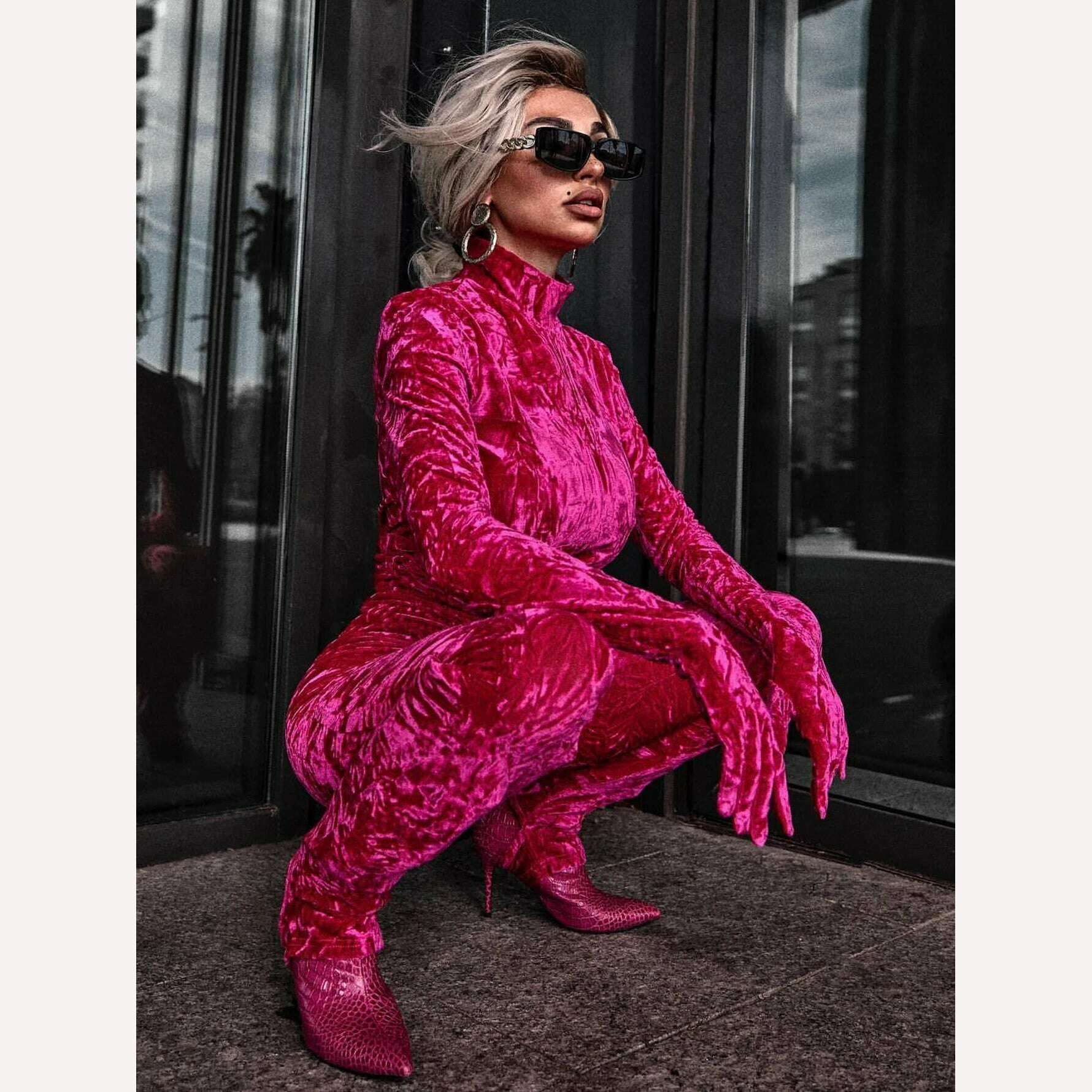 High Quality Summer Sexy O Neck Long Sleeves Connected Gloves Pleated Velvet Bodycon Jumpsuit 2022 Women Fashion Party Jumpsuit - KIMLUD