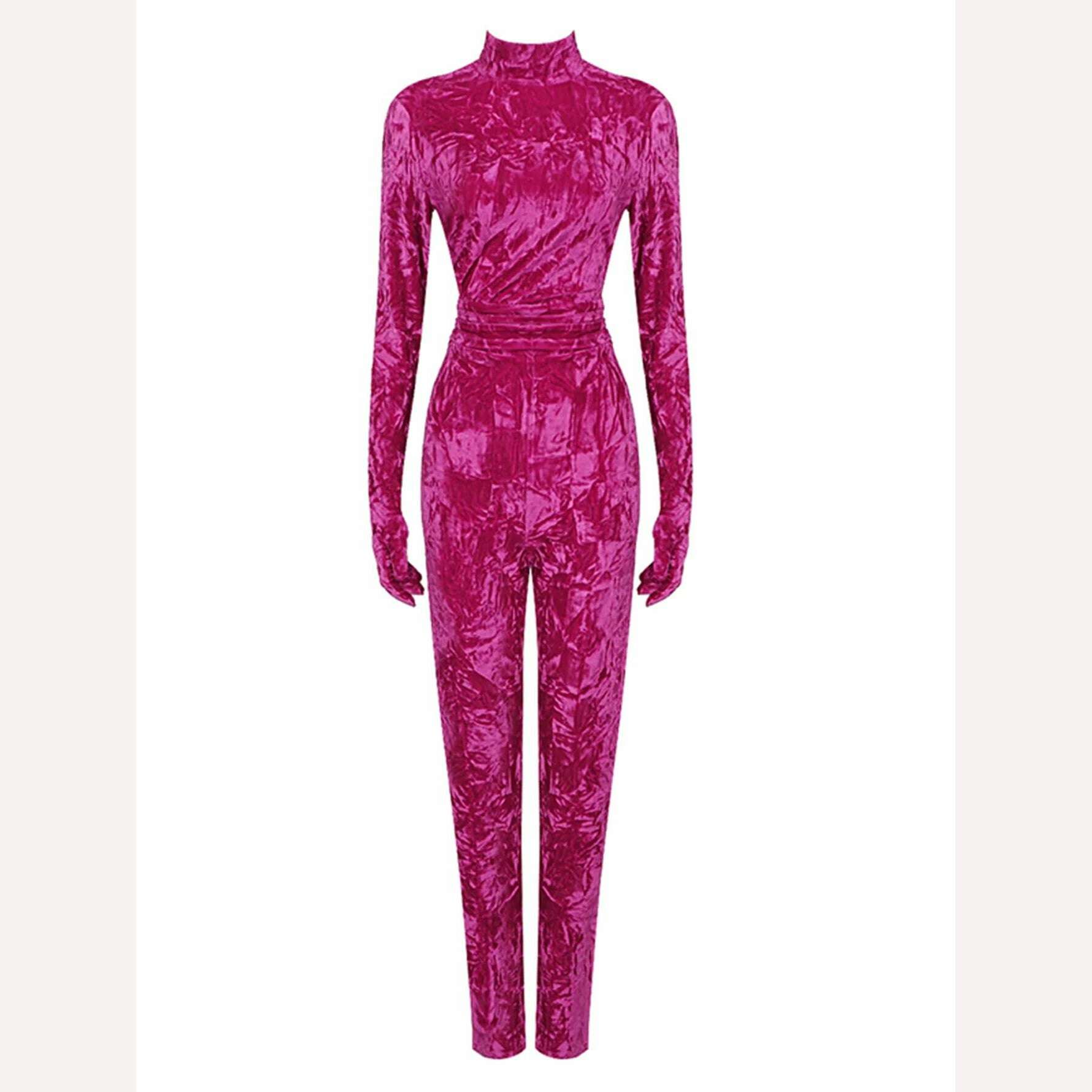 High Quality Summer Sexy O Neck Long Sleeves Connected Gloves Pleated Velvet Bodycon Jumpsuit 2022 Women Fashion Party Jumpsuit, Rose Red / XS, KIMLUD Women's Clothes