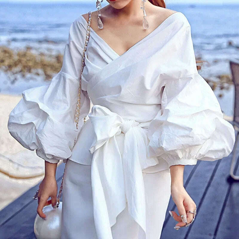 KIMLUD, High Quality Women's Blouses & Shirts Lace Up Puff Sleeve V-neck blouse for women lady casual Long Sleeve Shirts For Women, C862 / M, KIMLUD APPAREL - Womens Clothes