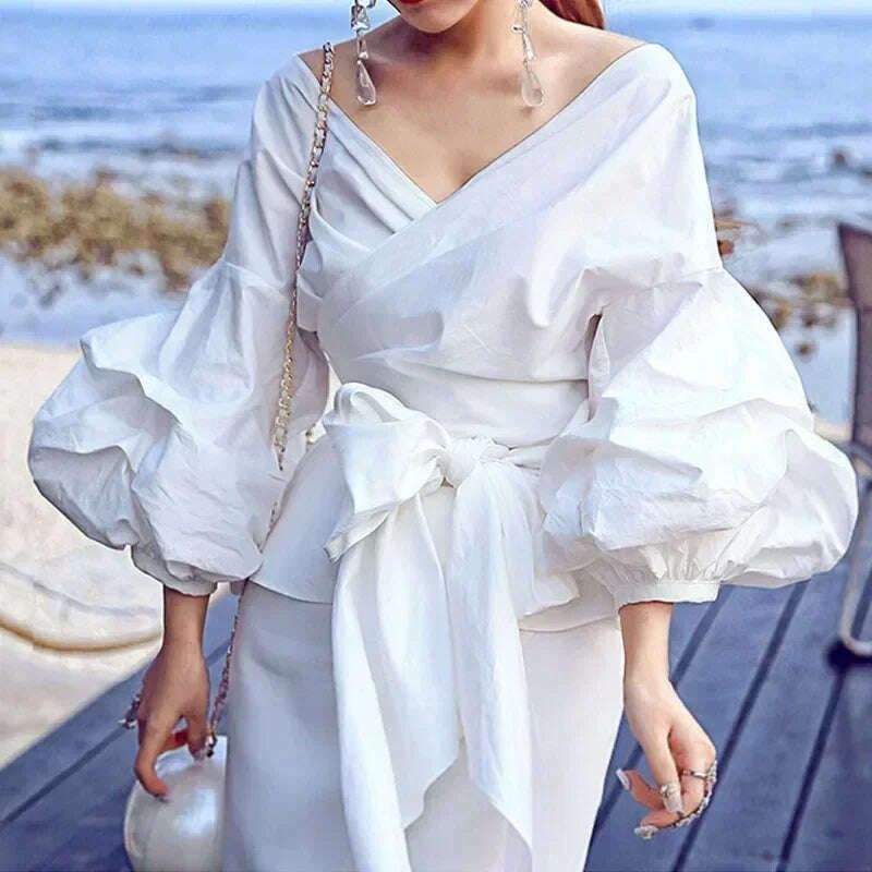KIMLUD, High Quality Women's Blouses & Shirts Lace Up Puff Sleeve V-neck blouse for women lady casual Long Sleeve Shirts For Women, KIMLUD Womens Clothes