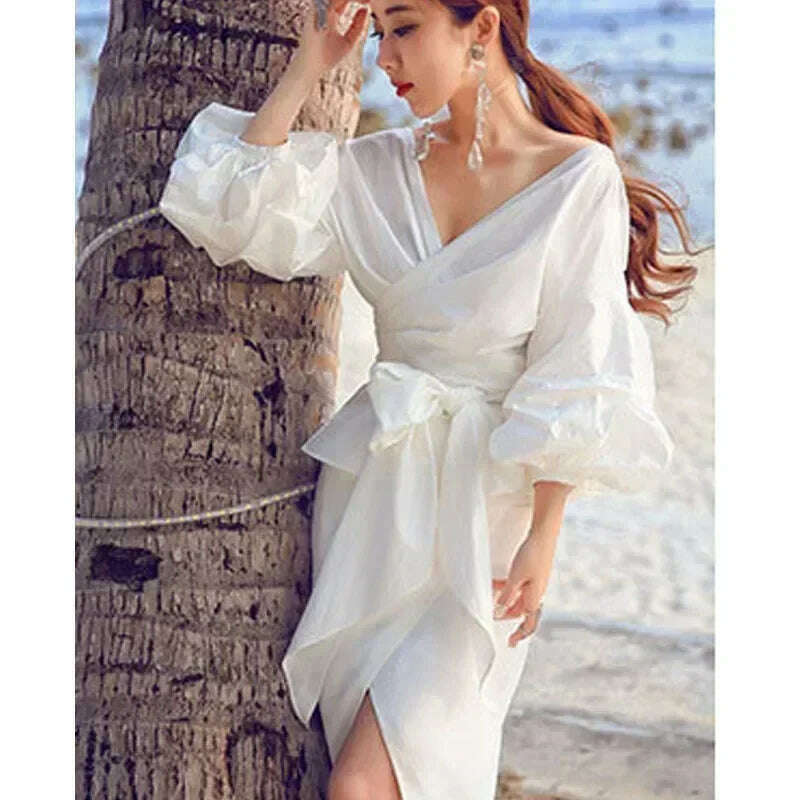 KIMLUD, High Quality Women's Blouses & Shirts Lace Up Puff Sleeve V-neck blouse for women lady casual Long Sleeve Shirts For Women, KIMLUD Womens Clothes