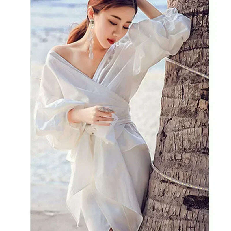 KIMLUD, High Quality Women's Blouses & Shirts Lace Up Puff Sleeve V-neck blouse for women lady casual Long Sleeve Shirts For Women, KIMLUD Womens Clothes