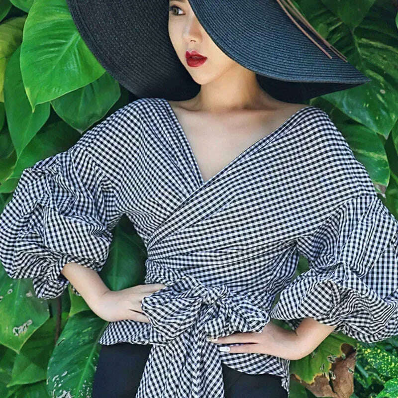 KIMLUD, High Quality Women's Blouses & Shirts Lace Up Puff Sleeve V-neck blouse for women lady casual Long Sleeve Shirts For Women, KIMLUD Womens Clothes