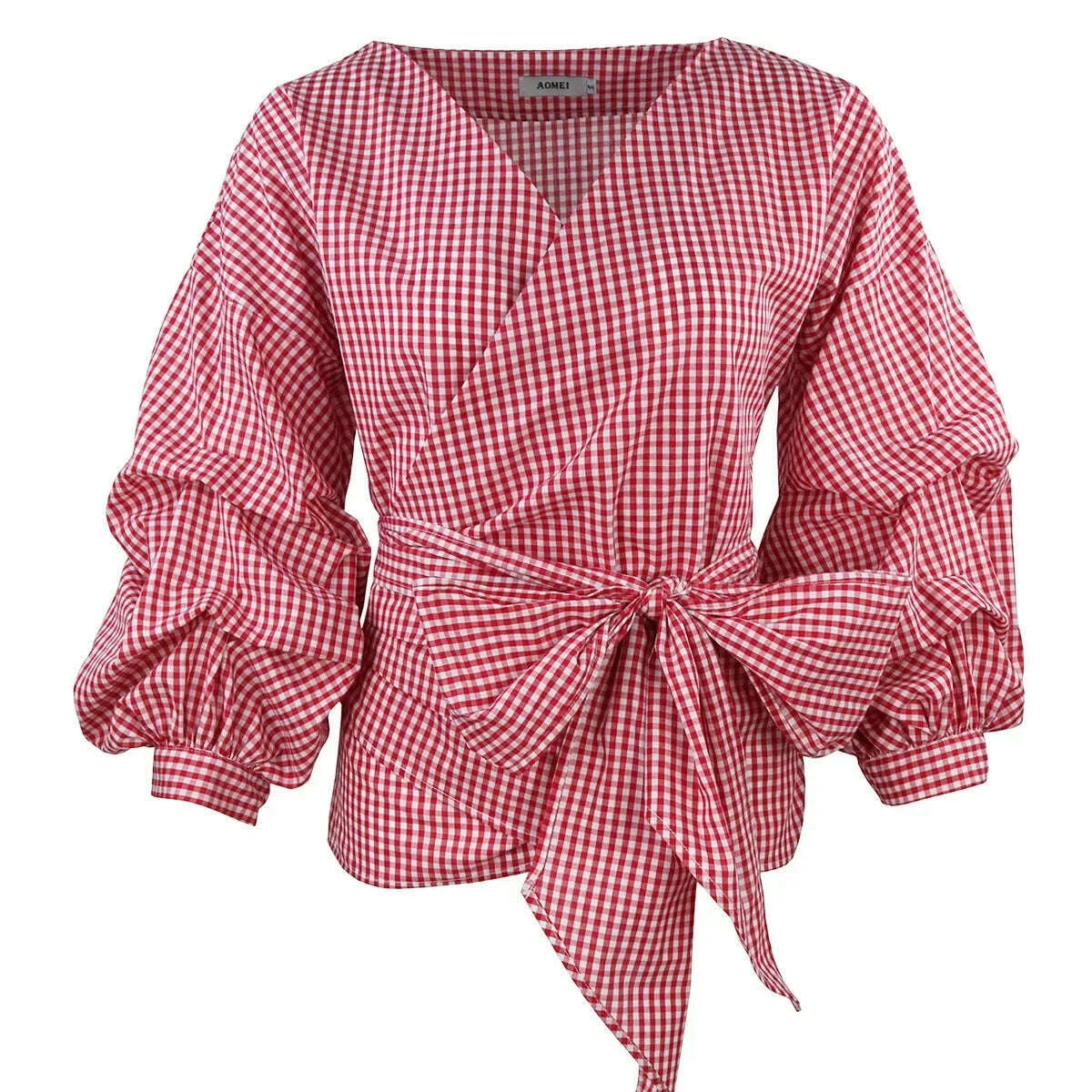 KIMLUD, High Quality Women's Blouses & Shirts Lace Up Puff Sleeve V-neck blouse for women lady casual Long Sleeve Shirts For Women, D33191 / M, KIMLUD APPAREL - Womens Clothes