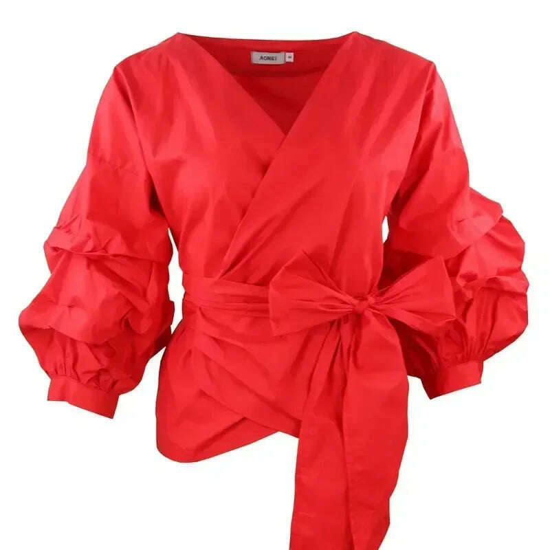 KIMLUD, High Quality Women's Blouses & Shirts Lace Up Puff Sleeve V-neck blouse for women lady casual Long Sleeve Shirts For Women, KIMLUD Womens Clothes