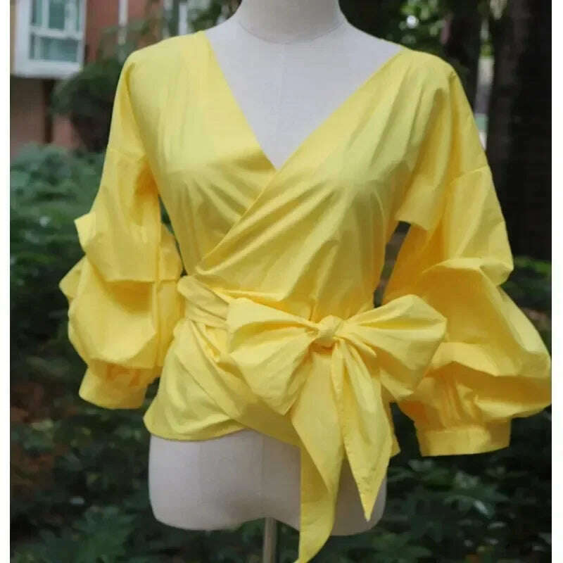 KIMLUD, High Quality Women's Blouses & Shirts Lace Up Puff Sleeve V-neck blouse for women lady casual Long Sleeve Shirts For Women, C8623 / M, KIMLUD APPAREL - Womens Clothes