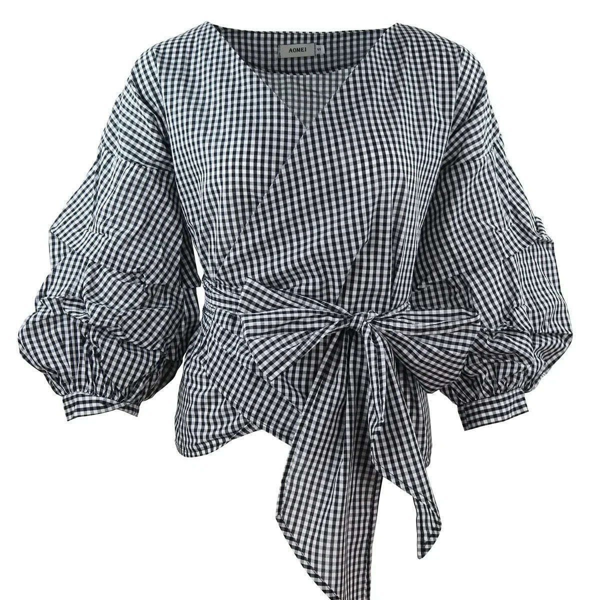 KIMLUD, High Quality Women's Blouses & Shirts Lace Up Puff Sleeve V-neck blouse for women lady casual Long Sleeve Shirts For Women, D3319 / M, KIMLUD APPAREL - Womens Clothes