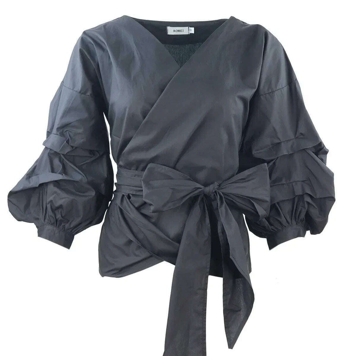 KIMLUD, High Quality Women's Blouses & Shirts Lace Up Puff Sleeve V-neck blouse for women lady casual Long Sleeve Shirts For Women, C8622 / M, KIMLUD APPAREL - Womens Clothes