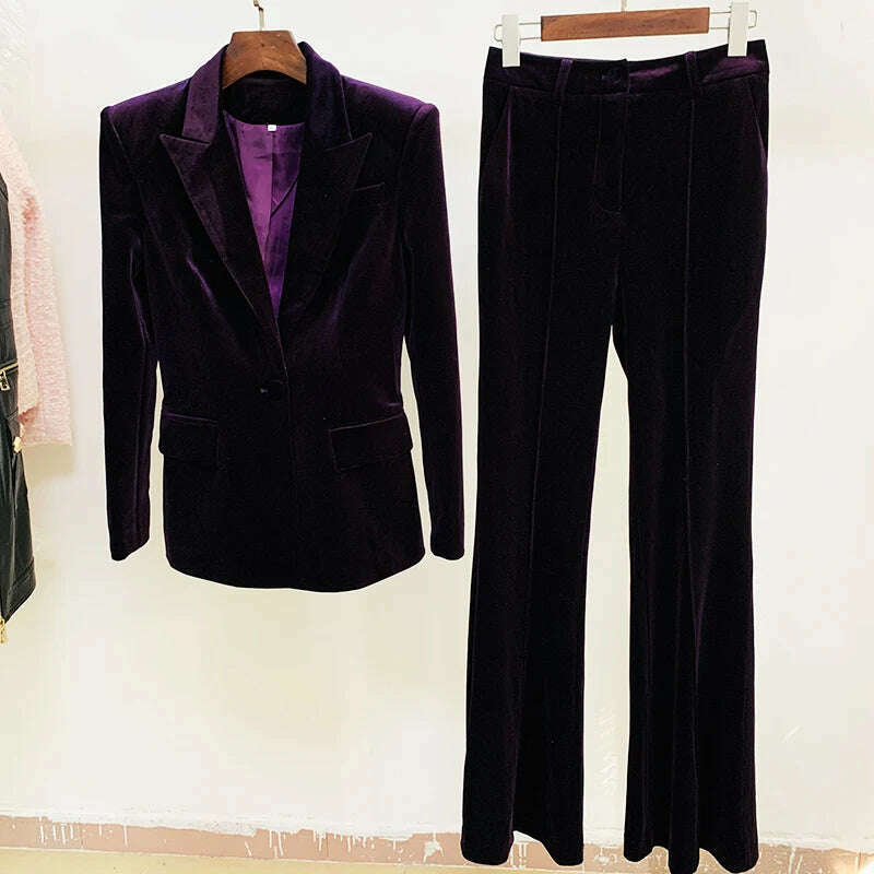 KIMLUD, HIGH STREET 2024 Autumn Winter Designer Runway Suit Set Women's Single Button Velvet Blazer Jacket Flare Pants Suit, KIMLUD Womens Clothes