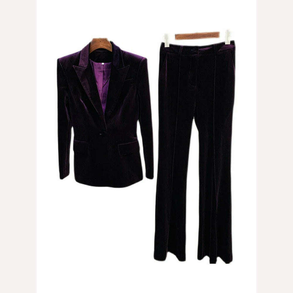KIMLUD, HIGH STREET 2024 Autumn Winter Designer Runway Suit Set Women's Single Button Velvet Blazer Jacket Flare Pants Suit, PURPLE / S, KIMLUD Womens Clothes